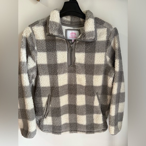 Cozy Sherpa Tops - Cozy Sherpa Gray Gingham Pullover 1/4 Zip Womens Medium winter